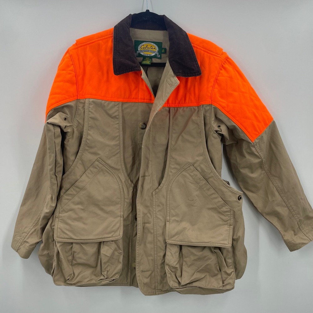 Cabelas Upland Hunting Jacket Mens Small Blaze Orange Tan Canvas Game Bag 941002